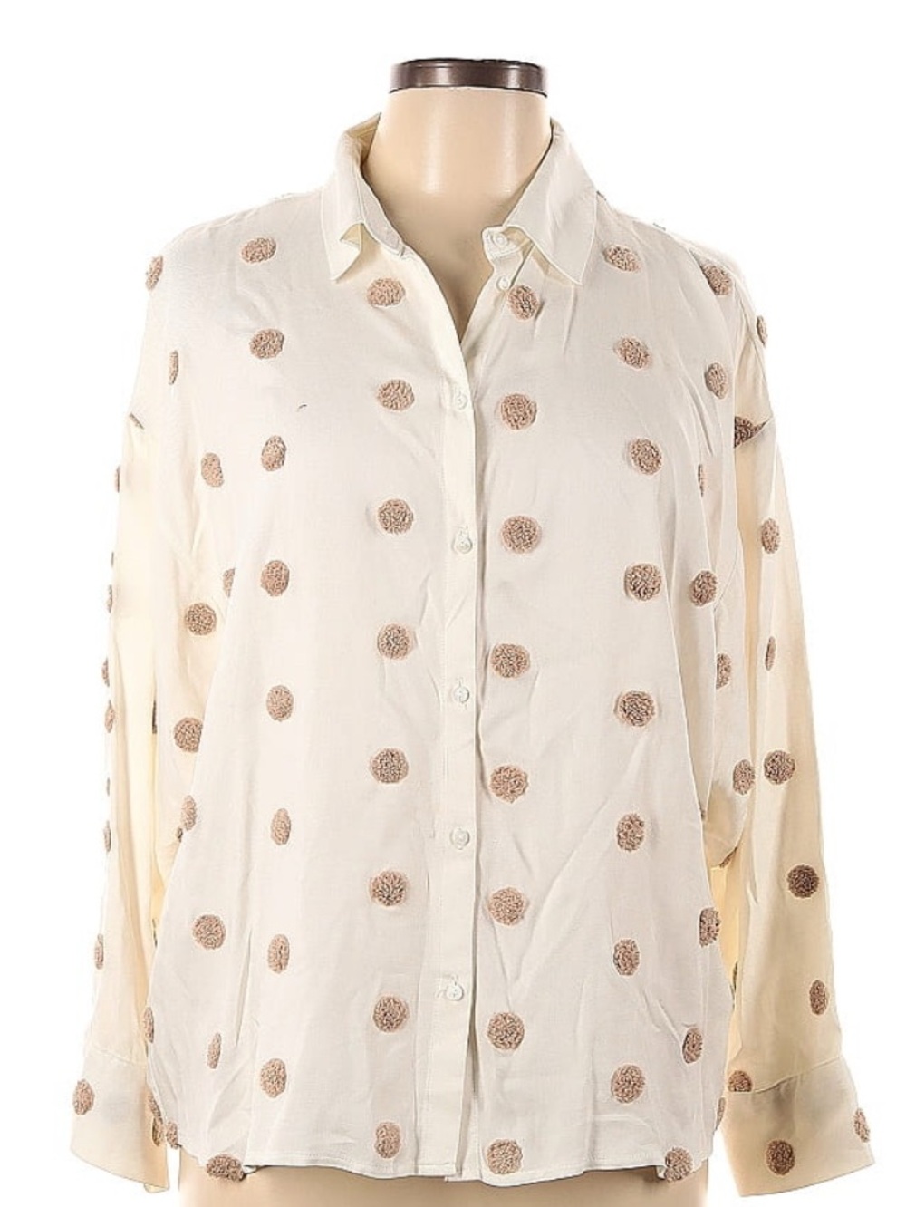 Women's Cream Button-Up Blouse with Brown Dot Texture